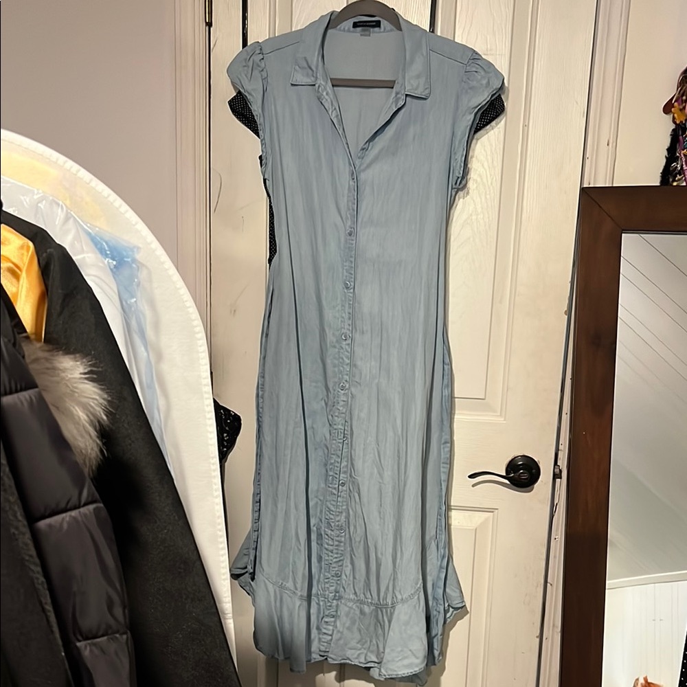 Light Blue Denim Buttoned Midi Shirt Dress with Collar